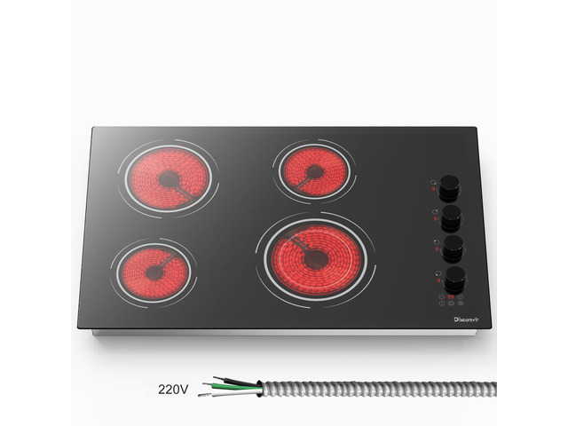 30 Inch Electric Cooktop, 6700W 240V Hard Wired, Black Knob 4 Burner Electric Stove 30 Inches Built-in, Timer, Safety Lock, Dual Ring, Cut-out...