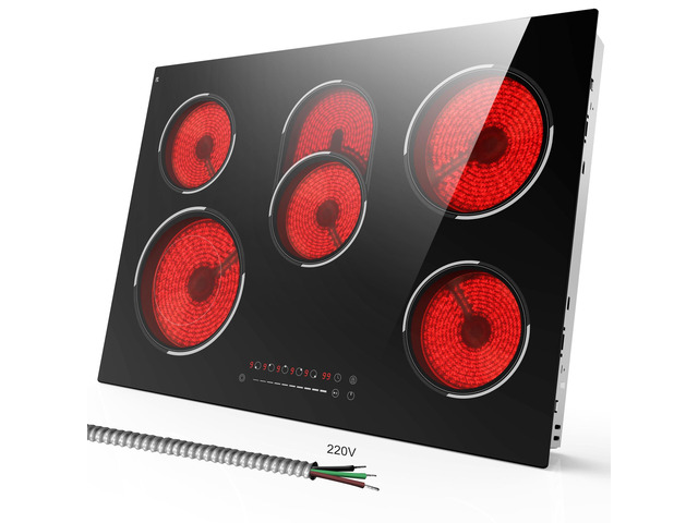 30 Inch Electric Cooktop, 5 Burner Ceramic, 8400W, Hardwired, No Plug Built-in design, slide touch control, 9 power levels, expanded oval zone,...