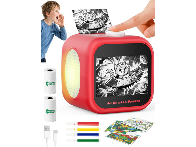 Kids AI Voice Sticker Printer Box Toy, No Phone App Needed, Power on & Print by Voice, Ink-Free Thermal Machine with 3.5' Touch Screen, DIY Crafts...