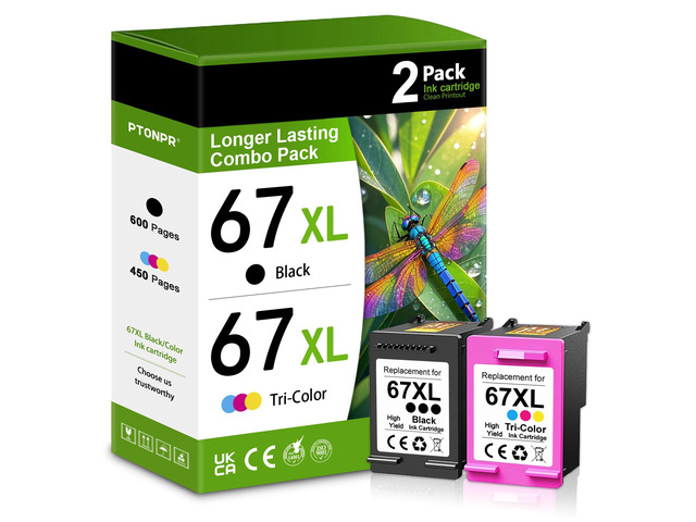 67XL Ink Cartridges Black/Color Combo Pack (2-Pack, Black/Color) Replacement for HP Ink 67 67xl Printer Ink for Deskjet 2700e 2755e 2755 2700 2752...