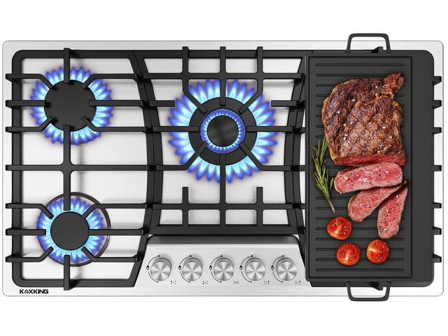 36 Inch Gas Cooktop with Griddle, Gas Stove Top with 5, Reversible Cast Iron Grill/Griddle, NG/LPG Convertible, with Thermocouple Protection,...