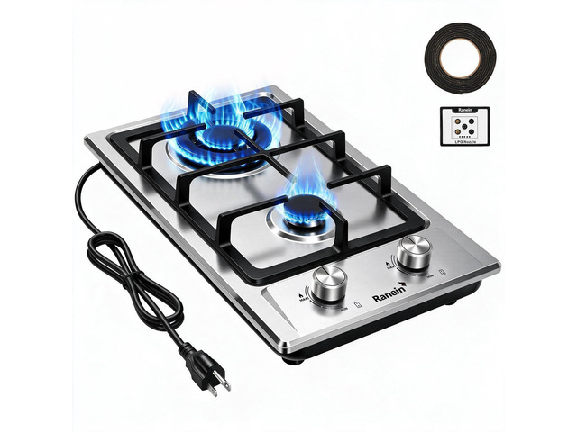 12 Inch 2 Burner Gas Cooktop, NG/LPG Convertible Gas Stove Top, 304 Stainless Steel with Thermocouple Flameout Protection for Kitchens, Apartments,...