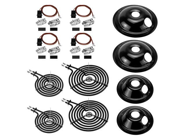 WB30M1 WB30M2 Electric Stove Burners & WB17T10006 Terminal Block Kit & WB31M19 WB31M20 Black Porcelain Burner Drip Pans Set Fit for G-E Ken-More...