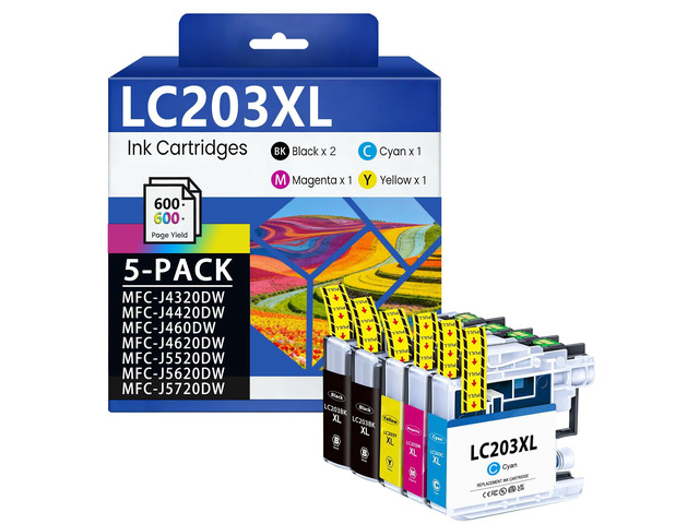 LC203XL Ink Cartridges High Yield 5-Pack 2BK/C/M/Y Replacement for Brother LC203 XL LC201 LC203BK Ink MFC-J480DW MFC-J485DW MFC-J460DW...