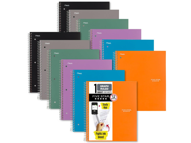 Spiral Notebook + Study App, 12 Pack, 1 Subject, Graph Ruled Paper, 8-1/2' x 11', 100 Sheets, Purple, Orange, Green, Blue, Gray, Black (38630)