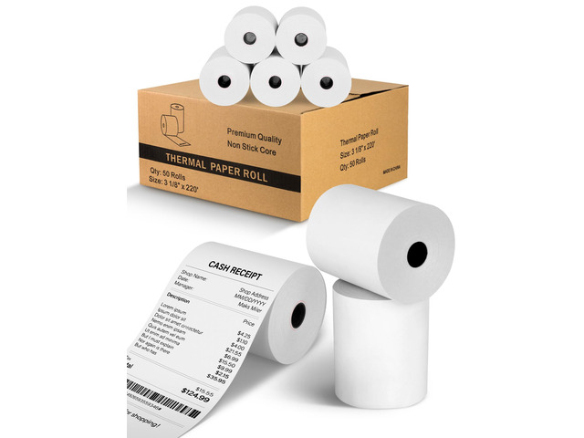 3 1/8' x 220' Thermal Receipt Paper Rolls, 50 Pack BPA-Free BPA-free thermal receipt paper rolls, 3 1/8' x 220', 50 pack, crisp printing for POS...
