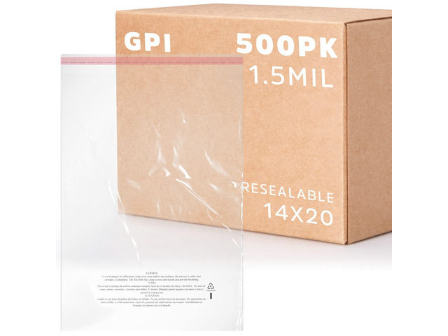 Pack of 500 14' X 20' Clear Self Seal Poly Bags, 1.5 Mil - Resealable Polybags with Adhesive Strip & Suffocation Warning for Packaging T Shirts...