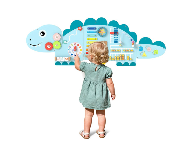 Dinosaur Activity Wall Busy Board, 11-in-1 Interactive Montessori Wooden Sensory Wall Panel for Kids, Toddler Learning Activity Center, Ideal...