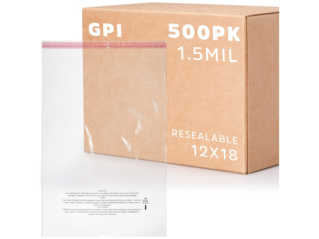 Pack of 500 12' X 18' Clear Self Seal Poly Bags, 1.5 Mil - Resealable Polybags with Adhesive Strip & Suffocation Warning for Packaging T Shirts...