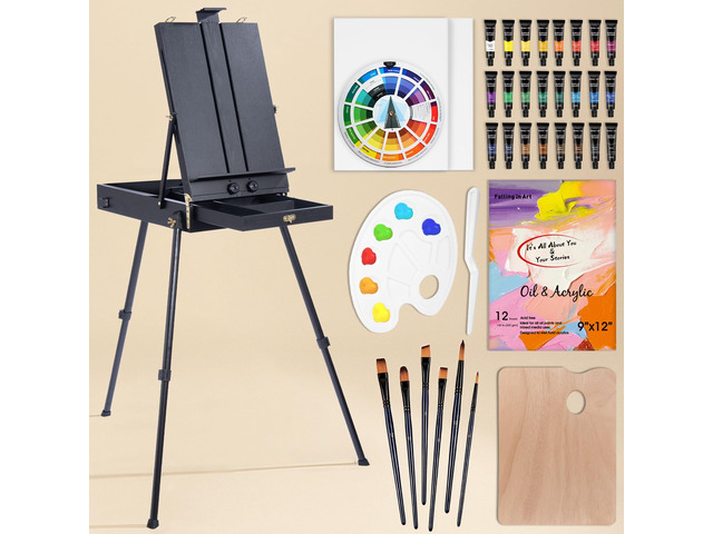 37 Pcs Acrylic Painting Set with French Easel, Black Professional Artist Easel Kit with Canvas, Paintbrush, Paints Suitable for Adults, Artists and...