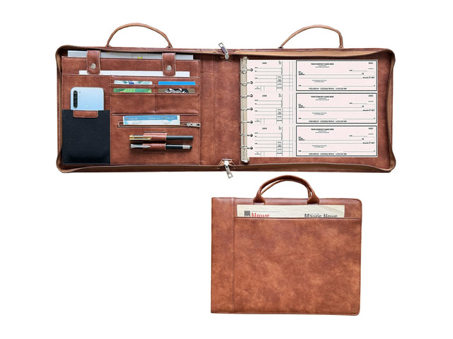 7 Ring Check Binder Vegan Leather Portfolio for 3-Up Business Size Checks, with Handle and Zippered Briefcase with 500 Check Capacity9 x 13 inch...