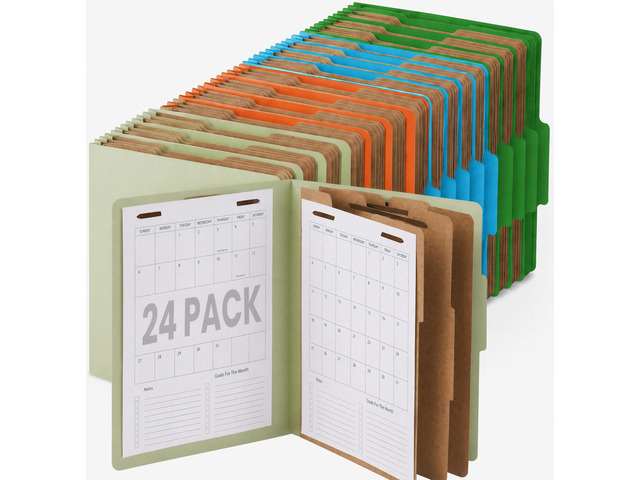 24pcs Multi-Color Classification Folders with 3 Dividers 6 Each Color, Expandable 3.5' Gusset, Letter Size 8.5x11, Secure 2-Prong Fasteners,...