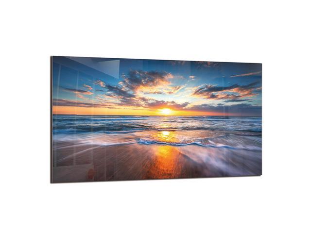 Tempered Glass Backsplash for Kitchen,Sea Beach Design,30'x16' Behind Stove Back Splash Panel Protector, Easy to Clean, Kitchen Wall Decorative
