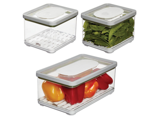 Small and Large Fridge Produce Bins with Removable Drainage Trays and Lids - Set of 3 - Gray