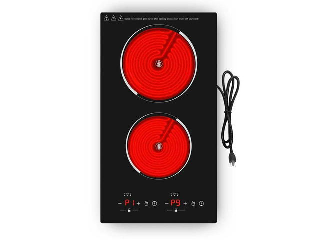 Electric Cooktop,12 Inch Built-in Radiant Electric Stove Top,110V 2100W 2 burner cooktop With 9 Heating Level, Timer & Kid Safety Lock, Sensor...