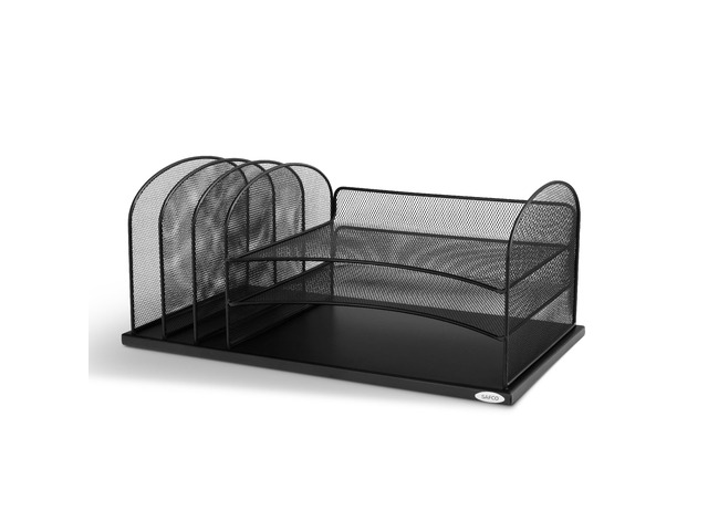Onyx Desk Organizer, 3 Vertical Compartments and 3 Trays, Office and Classroom Mailbox, Paper and Mail Sorter, Steel Mesh, Black