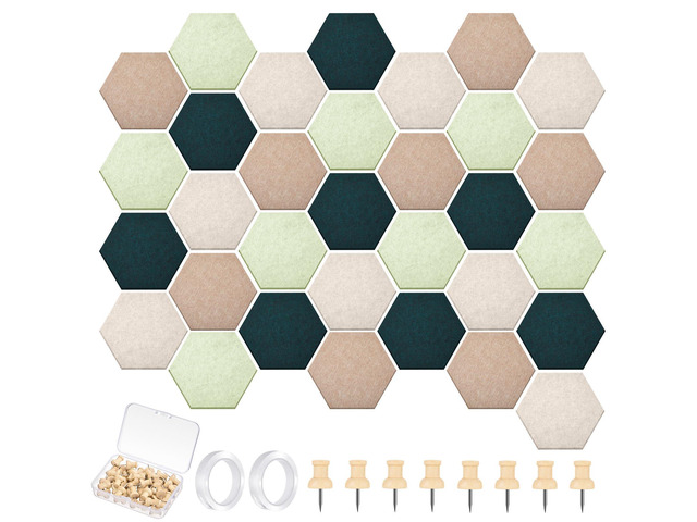 32 Pcs 12'' x 10' Hexagon Felt Cork Board Tiles with 50 Wooden Push Pins, Felt DIY Bulletin Board with 4 Tape for Office School Home Wall Decor...