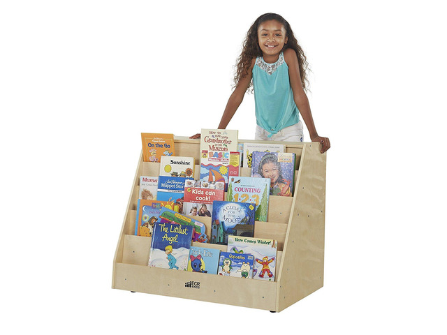 Double-Sided Mobile Book Display with Storage Shelves, Classroom Bookshelf, Natural Independent book browsing, 5 deep shelves, 2 rear shelves for...