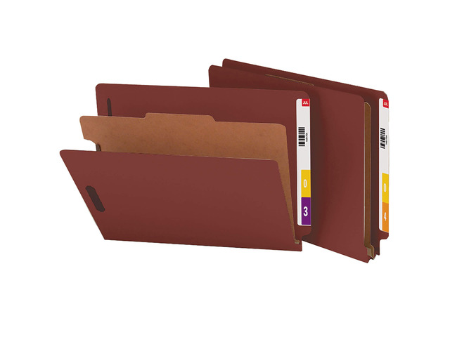 100% Recycled End Tab Pressboard Classification File Folder with SafeSHIELD Fasteners, 1 Divider, 2' Expansion, Legal Size, Red, 10 per Box (29855)