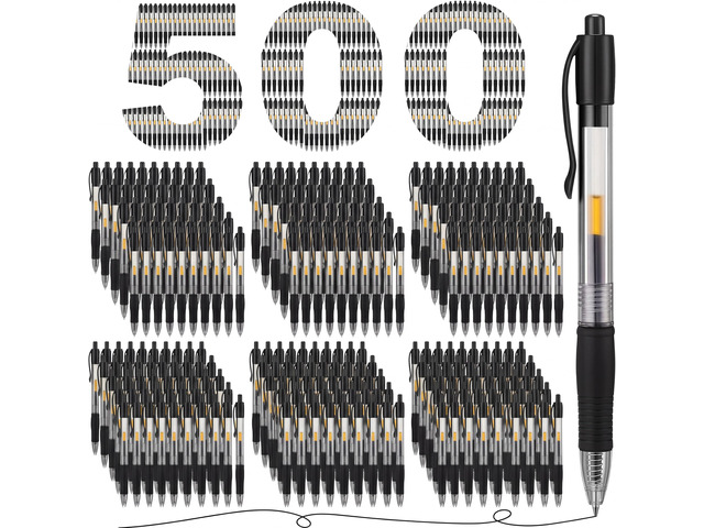 500 Pcs Premium Gel Roller Pens Bulk, Fine Point 0.7 mm, Retractable Gel Ink Roller Ball Pens for Writing Journaling Taking Notes Office (Black)