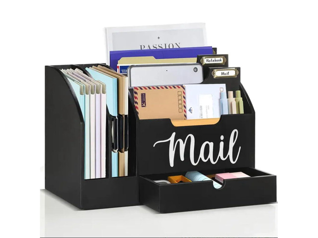 Wood Desk Organizer, Mail Organizer Countertop with Drawer, Black Fantasyon Desktop Mail Organizer with 6 Compartments, Wood Desk Drawer...