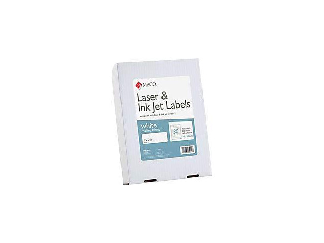 White Laser/Ink Jet Address Labels, ML-3000B, Permanent Adhesive, 1'W x 2 5/8'L, Rectangle, White - 30 Per Sheet, Box of 7,500