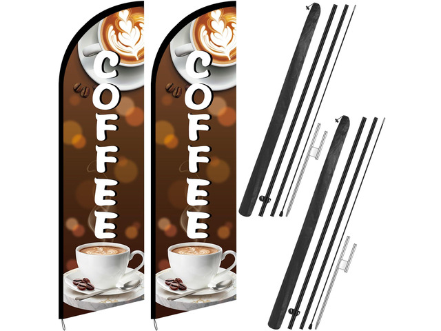 2 Pcs 11 ft Coffee Feather Flag Coffee Advertising Swooper Banner with Pole and Ground Stake Windless Shop Sign Tall for Outdoor Business Advertising