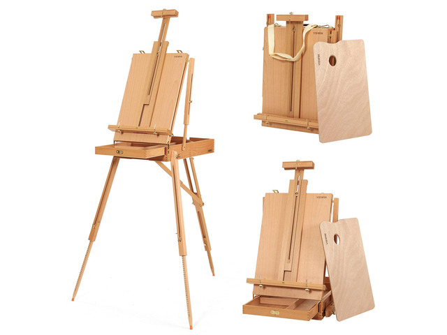 French Easel for Painting with Palette, Shoulder Strap & Storage, Adjustable Beech Wood Travel Art Easel Stand, Portable Sketchebox Plein-Air Easel...