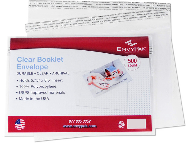 Envelope Crystal Clear Booklet Style 6' x 9', Permanent Tape (5.5 x 8.5 Insert Size) Holds Booklets, Catalogs and Brochures. - Box of 500