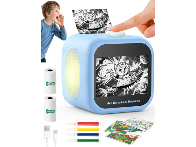 Kids AI Voice Sticker Printer Toy, No Phone App Needed, Power on & Print by Voice, Ink-Free Thermal Machine with 3.5' Touch Screen, Journaling &...
