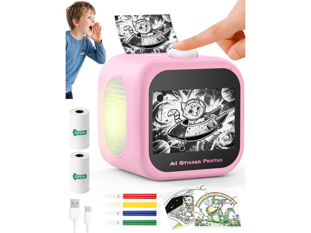 Kids AI Voice Sticker Printer Box Toyx, No Phone App Needed, Power on & Print by Voice, Ink-Free Thermal Machine with 3.5' Touch Screen, Journaling...