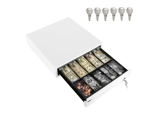 16inch Heavy Duty POS Cash Drawer with 5Bill/5Coin, Removable Coin Compartment, 24V, RJ11, Single Large Media Slot, White