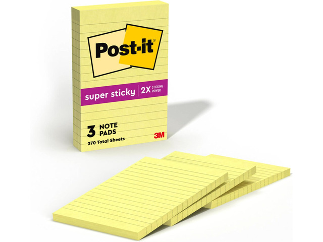 Super Sticky Lined Notes, 3 Sticky Note Pads, 4 x 6 in., School Supplies, Office Products, StickyNotes for Vertical Surfaces, Monitors, Walls and...