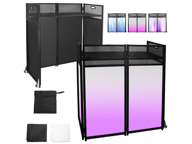 Portable DJ Facade Table 43'H, Foldable Metal Frame Stand with Wheels DJ Table With Wheels and Carry Handles, Stable Metal Structure, Dual Scrims...