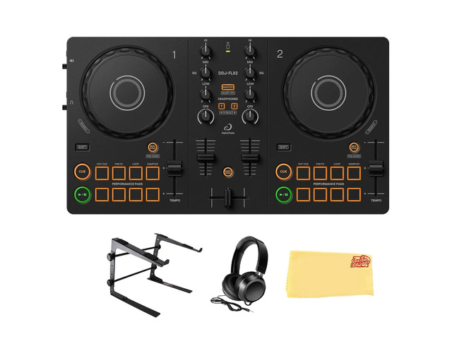 Pioneer DJ DDJ-FLX2 Compact 2-Channel DJ Controller Bundle with Laptop Stand, Headphones, and Austin Bazaar Polishing Cloth