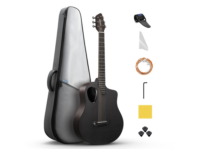 Acoustic Electric Guitar Beginner Kits with Carbon Fiber Top, Wooden Bowl, Built-in Pickups, 38 Inch, RISING-G2 (Black)