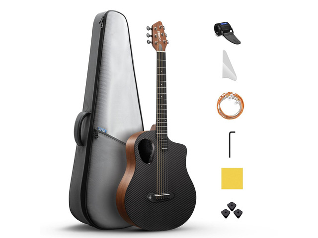 Acoustic Electric Guitar Kit for Beginner Intermediate Adult with Built-in Pickups, Carbon Fiber Top, Wooden Bowl, 38 Inch, RISING-G2 (Brown)