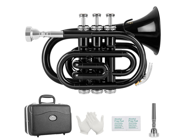Pocket Trumpet Brass Bb Trumpet with 7C Mouthpiece, Hard Case, Strap, Gloves, Cleaning Kit for Students and Beginners(Black)