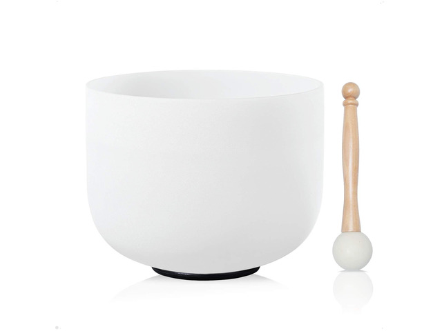 440HZ 8 Inch F Note Heart Chakra Frosted Quartz Crystal Singing Bowl with Mallet and O-ring for Sound Healing Meditation
