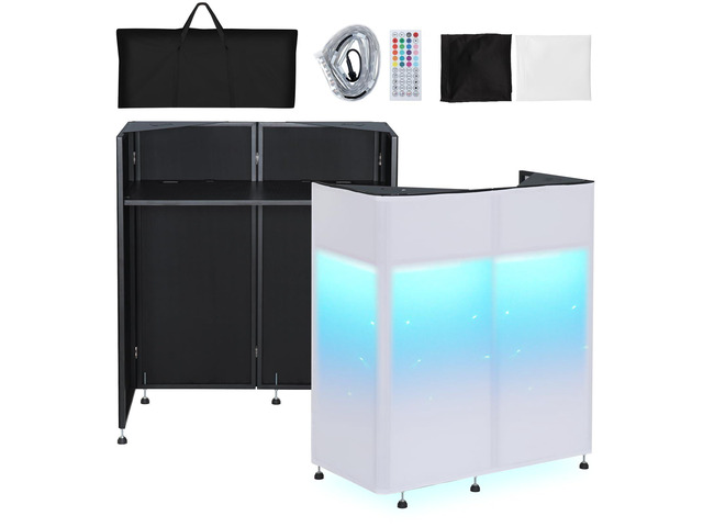 Portable DJ Booth 20'x42.5'x45.3' with Dual Top Corners, DJ Facade Booth with Cable Hole, DJ Table Stand with Light Strip and Remote Control, Metal...