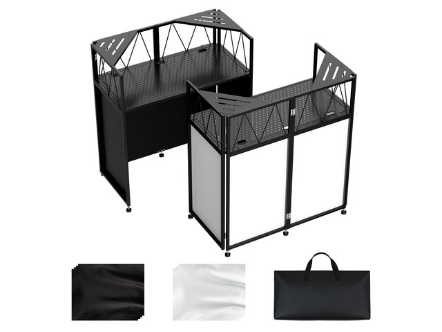 Portable DJ Booth Facade Stand, DJ Table Stand, DJ Facade Booth with White & Black Scrims, Includes Carry Bag & Two Top Corners Table, Tool-Free...