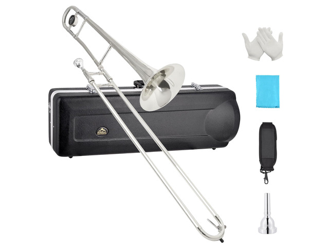 Bb Tenor Slide Trombone, B Flat Brass Plated Trombone Instrument for Beginners Students with Hard Case, with Mouthpiece, White Gloves (12.5mm/200...