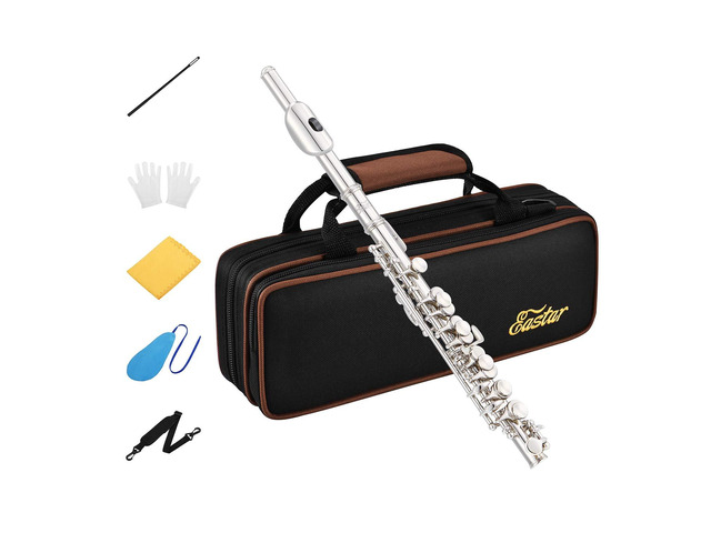 Piccolo Instrument for Beginners Students, Key of C Flute, Hard Case, Cleaning Kit, Gloves, 2-Piece, Silver Plated, EPC-2S