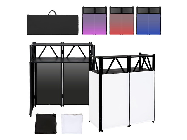 Portable DJ Booth Table,Foldable DJ Table Stand with White & Black Scrim,Adjustable DJ Facade Booth Station Metal Frame with Cable Hole for Private...