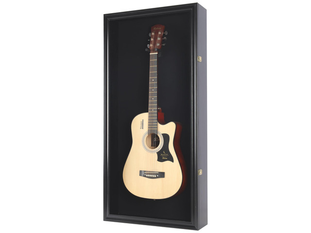 45' Acoustic Guitar Display Case Cabinet Shadow Box with Guitar Hanger Stand, Lockable 98% UV Protection Black Felt Interior Black Finish Frame
