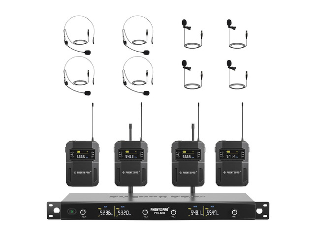 4-Ch UHF Headset/Lapel Wireless Microphone System PTU-5200-4B 4 Bodypacks, 4 x 25 Frequencies, 200 ft Range, Hands-Free Vocals, Stage...