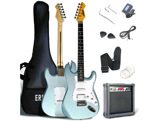Solid Body Electric Guitar Kit with Amp 20W, Strings, Strap, Digital Tuner, Picks, Gig Bag, Cable, Tremolo Bar, 39' Full Size Guitar HSS Pickups...