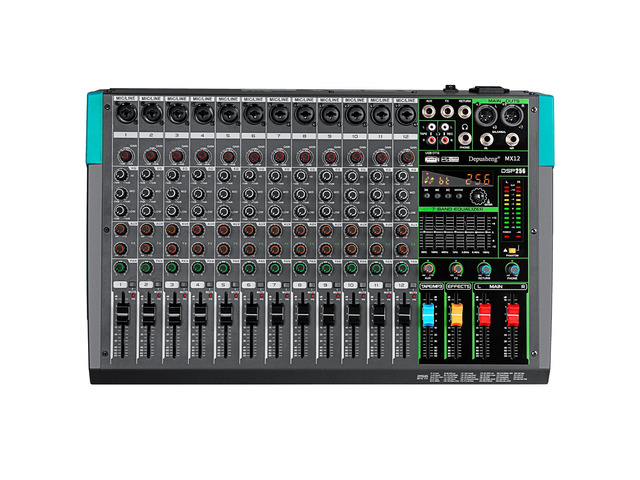 MX12 12 Channel Sound Mixer Audio Mixing Console 48V 256DSP Professional USB PC Play Record Podcast Live Broadcast (US MX12)