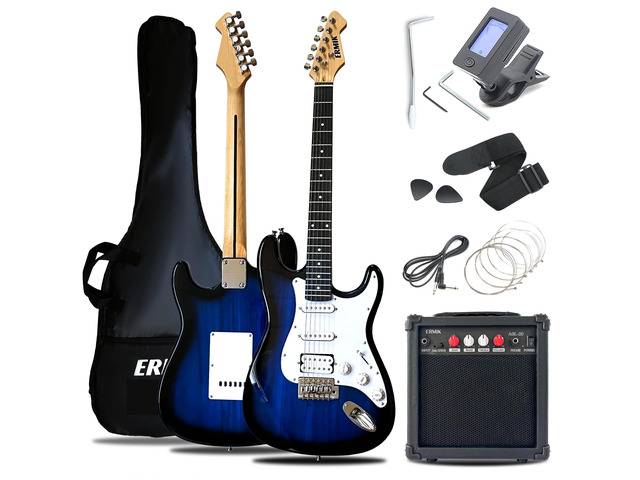 Solid Body Electric Guitar Kit with Amp 20W, Strings, Strap, Digital Tuner, Picks, Gig Bag, Cable, Tremolo Bar, 39' Full Size Guitar HSS Pickups...