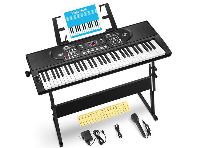 61 Key Keyboard Piano with Stand, Portable Electric Piano Keyboard Kit for Beginners with Stand, Microphone,Note Stickers, Music Rest, Digital...